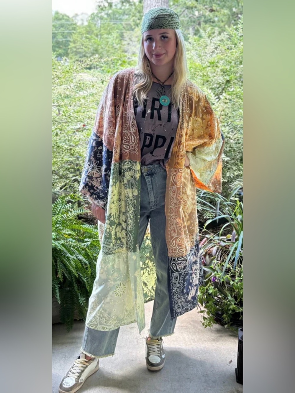 Jaded gypsy Lightweight Patchwork Paisley Maxi Dress Kimono - Mint & Rust
